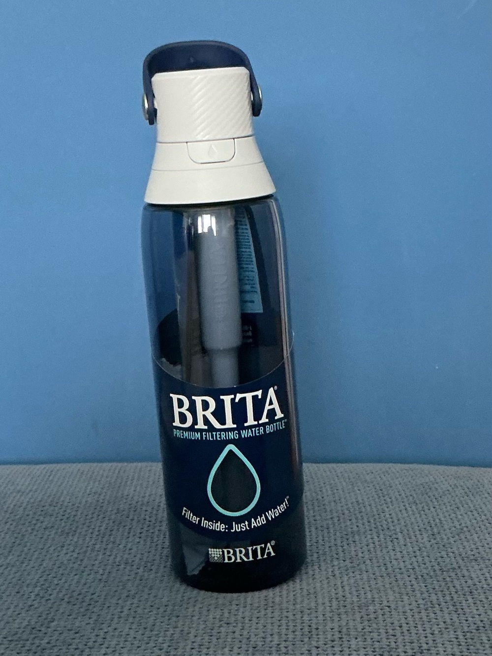 Brita navy sky color, filtered 26 oz water bottle with carry loop